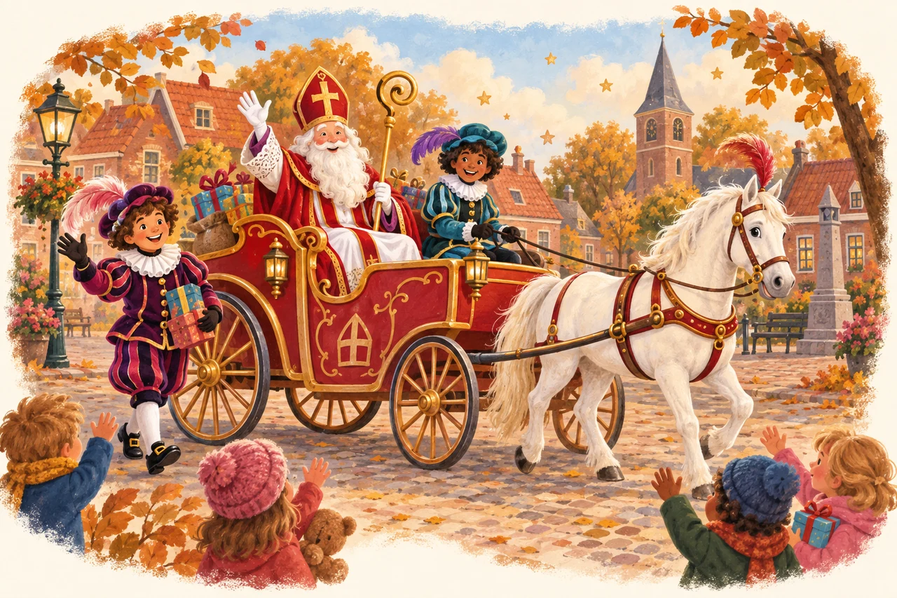 Fantasie-illustratie: Sinterklaas zwaait vanuit een rode koets, met vrolijke Pieten, een wit paard en een warm Schalkhaars dorpstafereel.